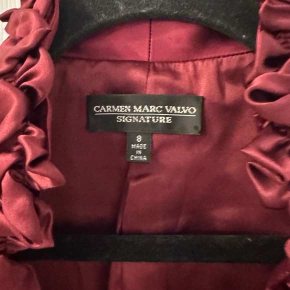 Carmen Marc Valvo Silk-blend Burgundy Velvet Jacket Women's Size 8 Ruffles - Picture 2 of 10